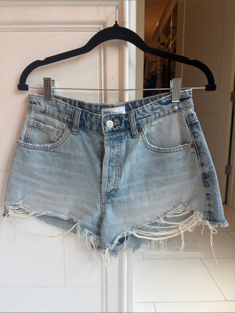 Zara Light Blue Distressed Denim Cutoff Shorts